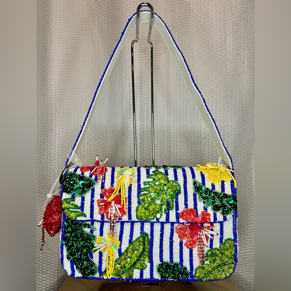 Marshalls Viral Blue White Striped Beaded Floral Shoulder Bag